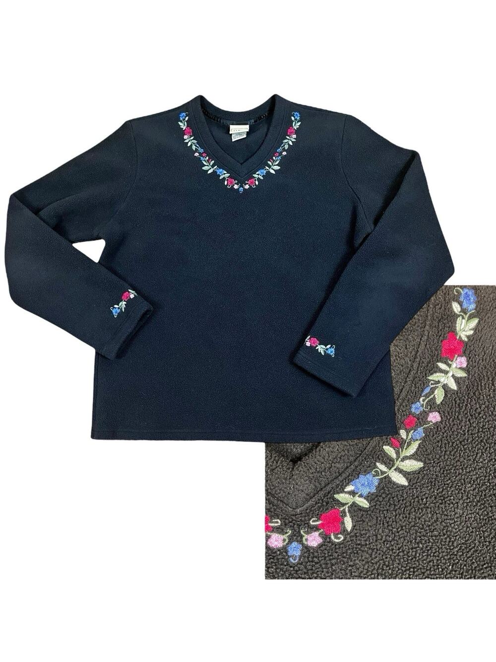 Vtg LL Bean Polartec Fleece Size M Floral Embroidered Black Grandma Gorpcore